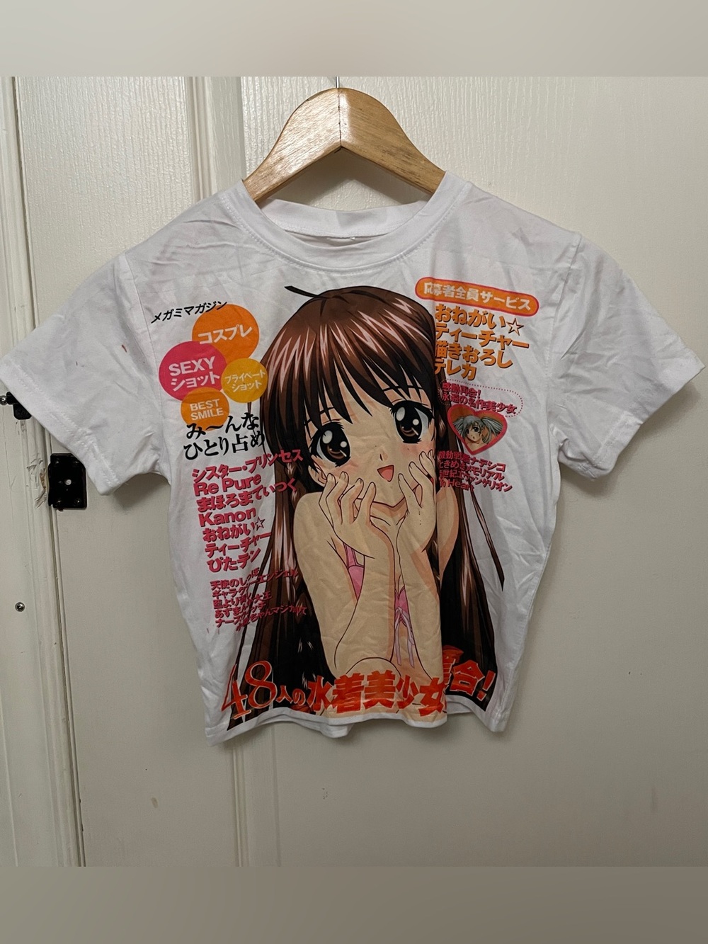 White Anime Baby Tee with Niche Japanese Text